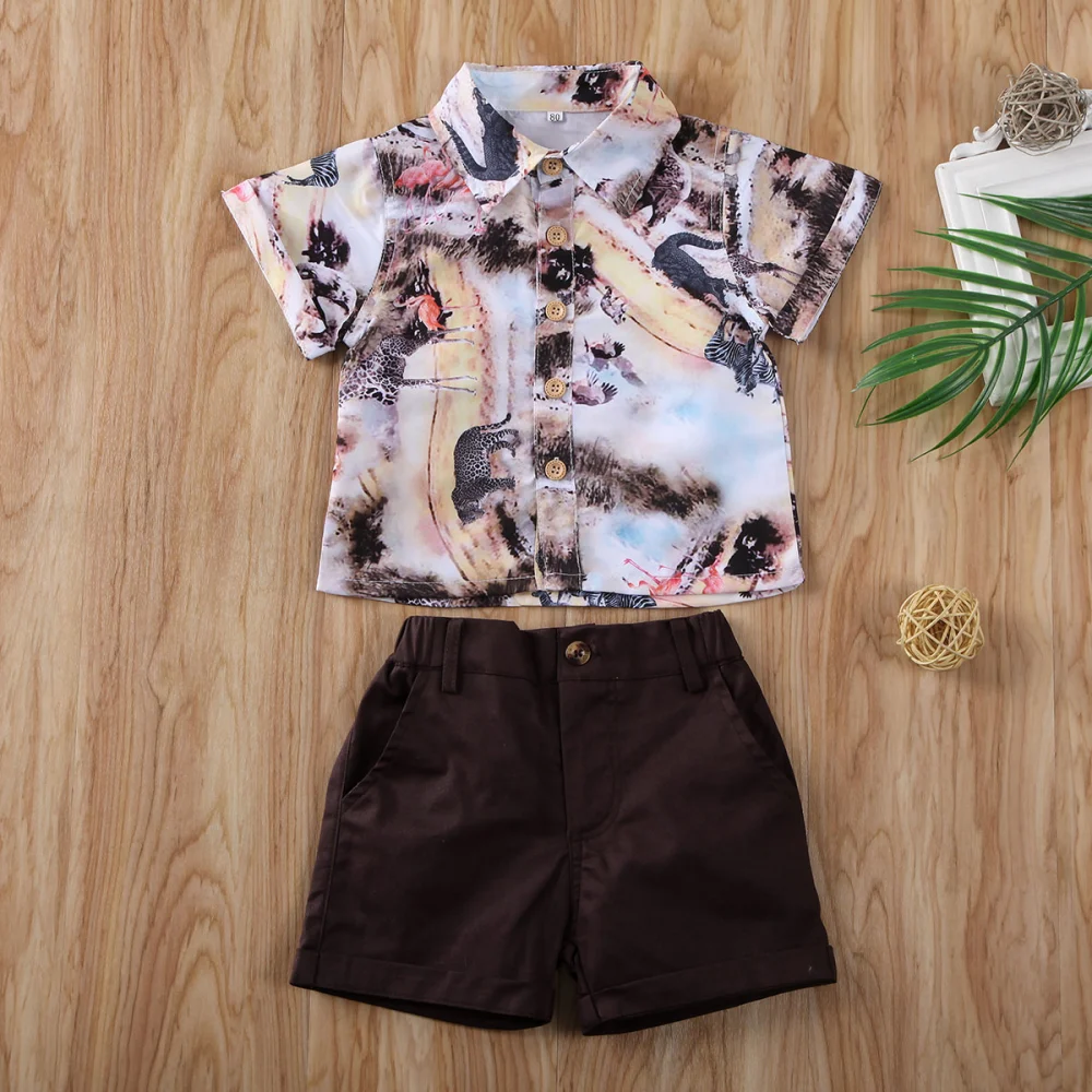 Baby Boy Animal Printed Button-Down Shirts Tops + Solid Color Shorts