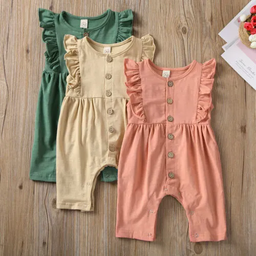 Girls Sleeveless Romper, Ruffle Bodysuit, Solid Color Jumpsuit