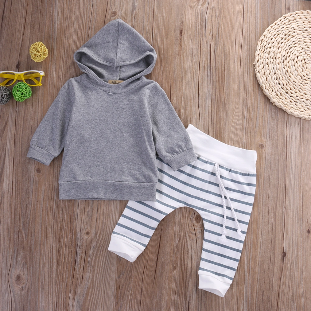 Baby Boy's Solid Color Long Sleeve Hooded Top + Drawstring Striped Long Pants