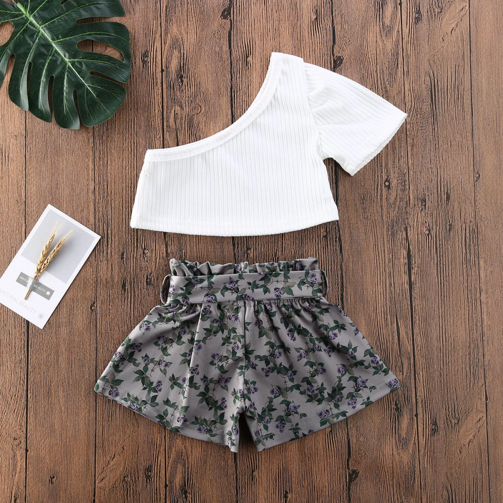 Baby Girl White One Shoulder T-shirt Tops + High Waist Floral Bowknot Shorts