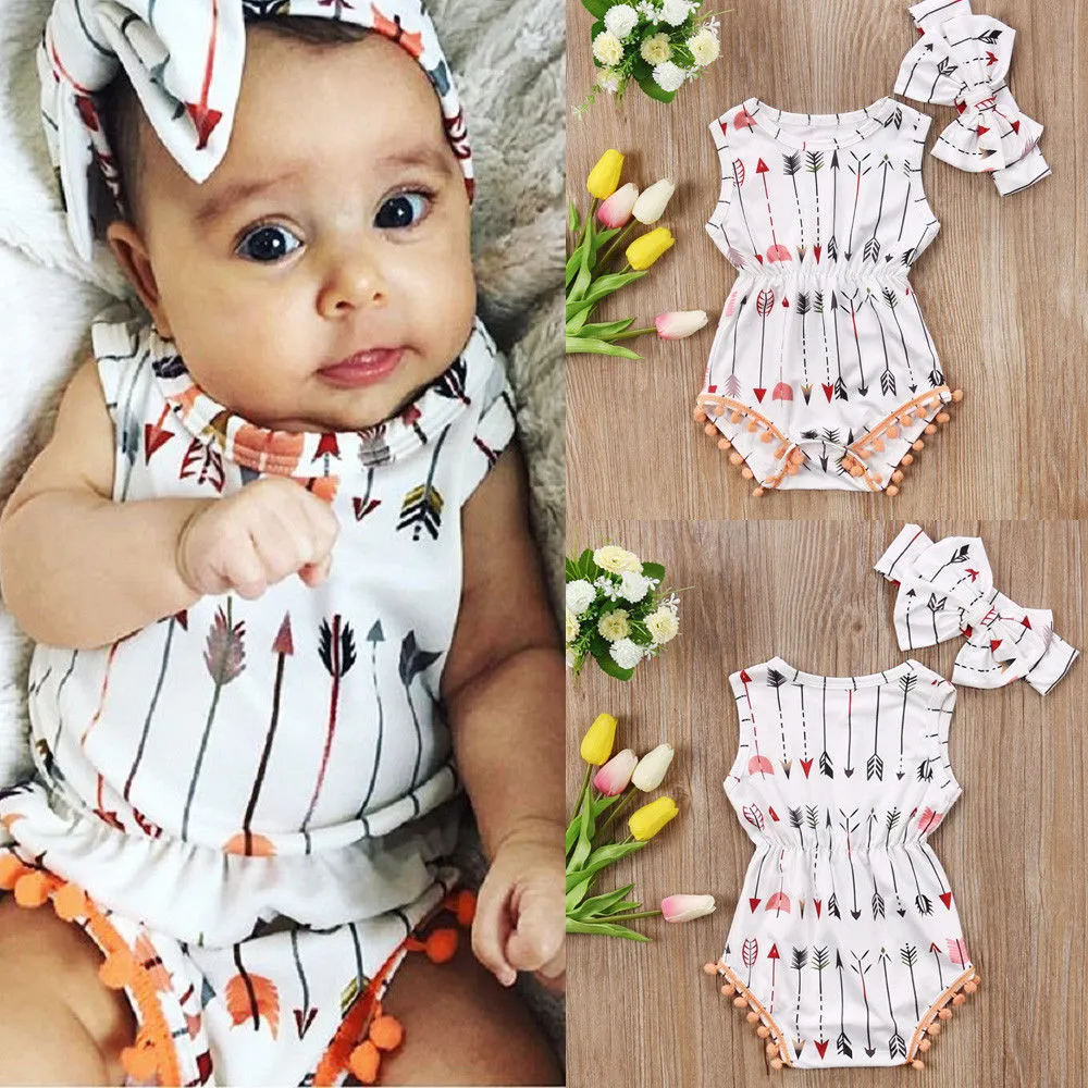 Newborn Baby Girls Summer Romper, O-Neck Elastic Waist Jumpsuit+Bow Headband