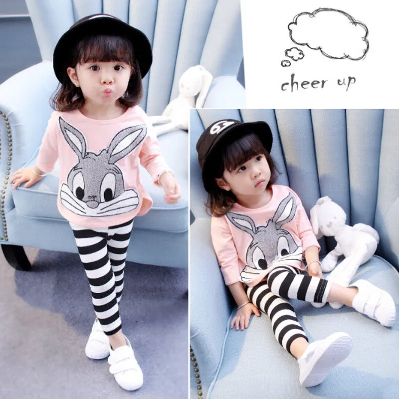 Little Girls 2PCS Outfit Set, Long Sleeve Rabbit Top, Long Slim Striped Pant