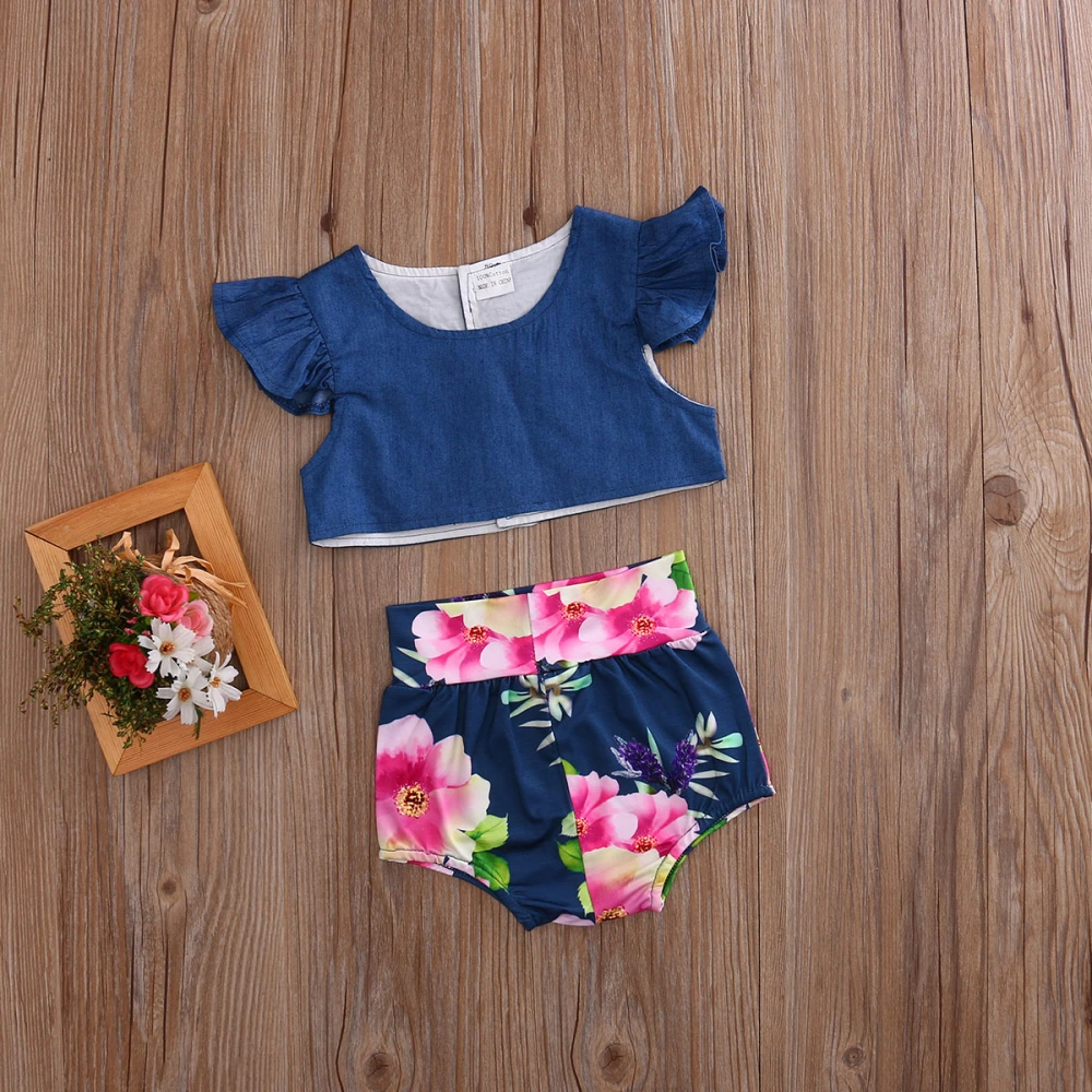 Girl's Fly Sleeve Denim Tops with High Waist Triangle Floral Shorts