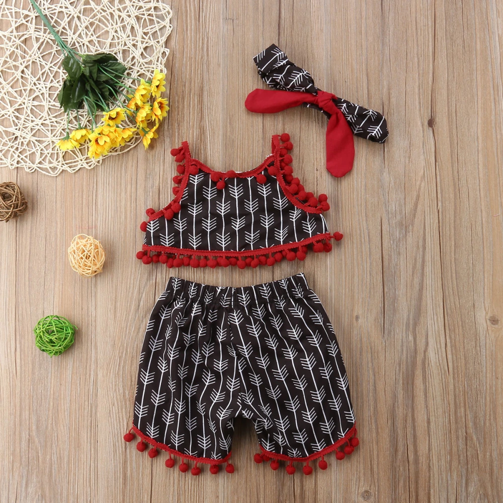 Girls 3 Pieces Outfit, Tassel Tops + Shorts + Headband Summer Set