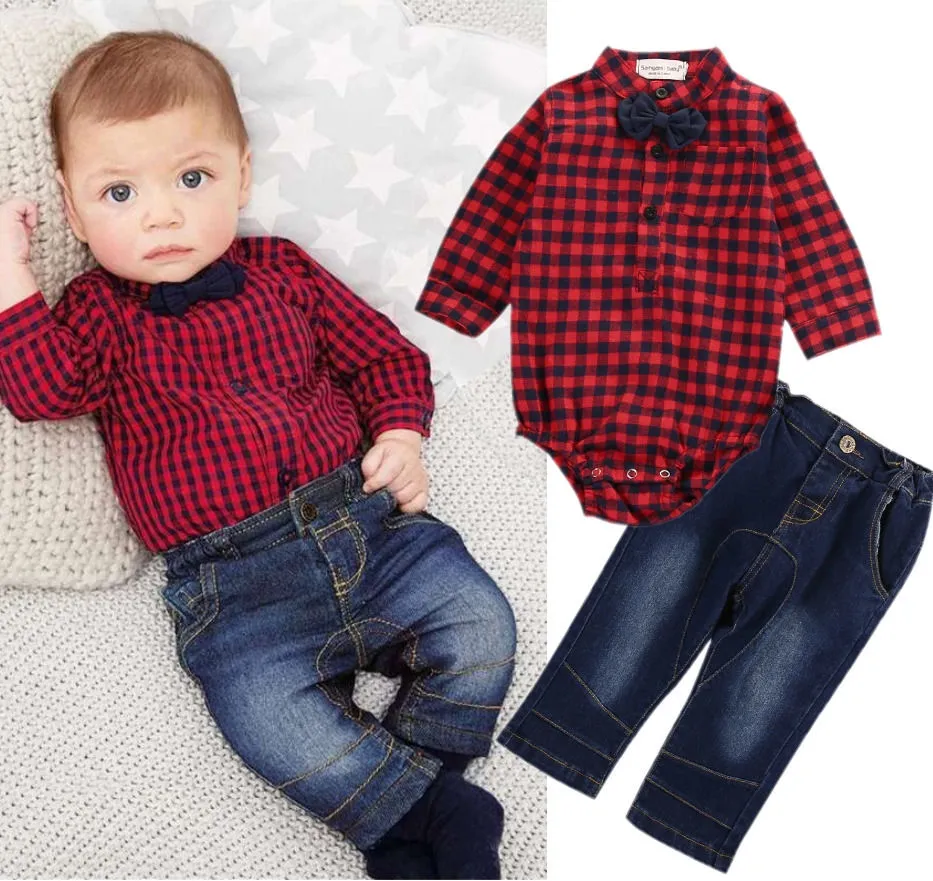 Baby Boys Autumn Clothes Set Long Sleeve Plaid Stand-up Collar Rompers+Jeans