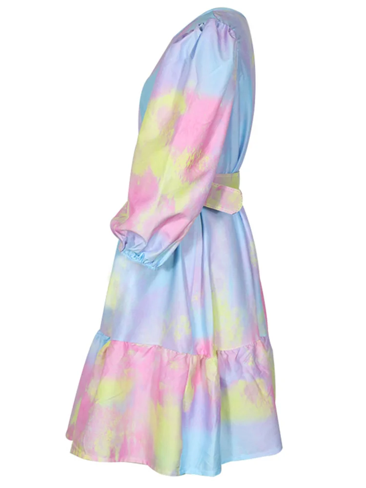 Women's Colorful Tie Dye Puff Sleeve Square Neck Ruffled Dress