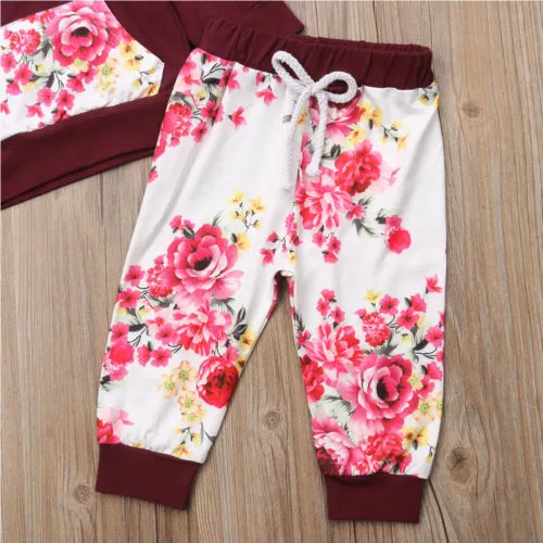 Girls Autumn Long Sleeve Patchwork Hoodie + Floral Pants + Headband