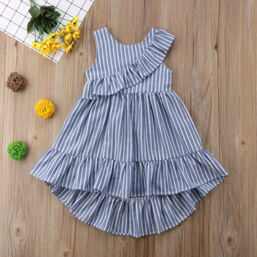 Girl’s Summer Stripe Sleeveless Ruffles Curved Hem A-line Dress