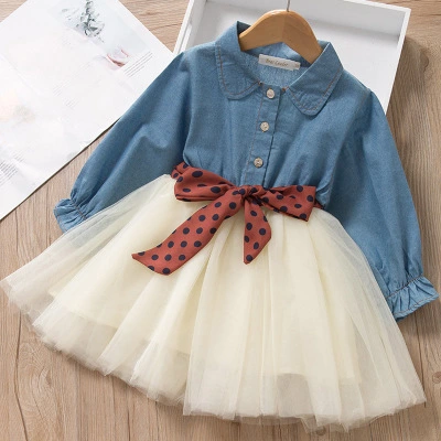 Kid Girl Long Sleeve Dress, Denim Mesh Patchwork Lapel Button Dresses