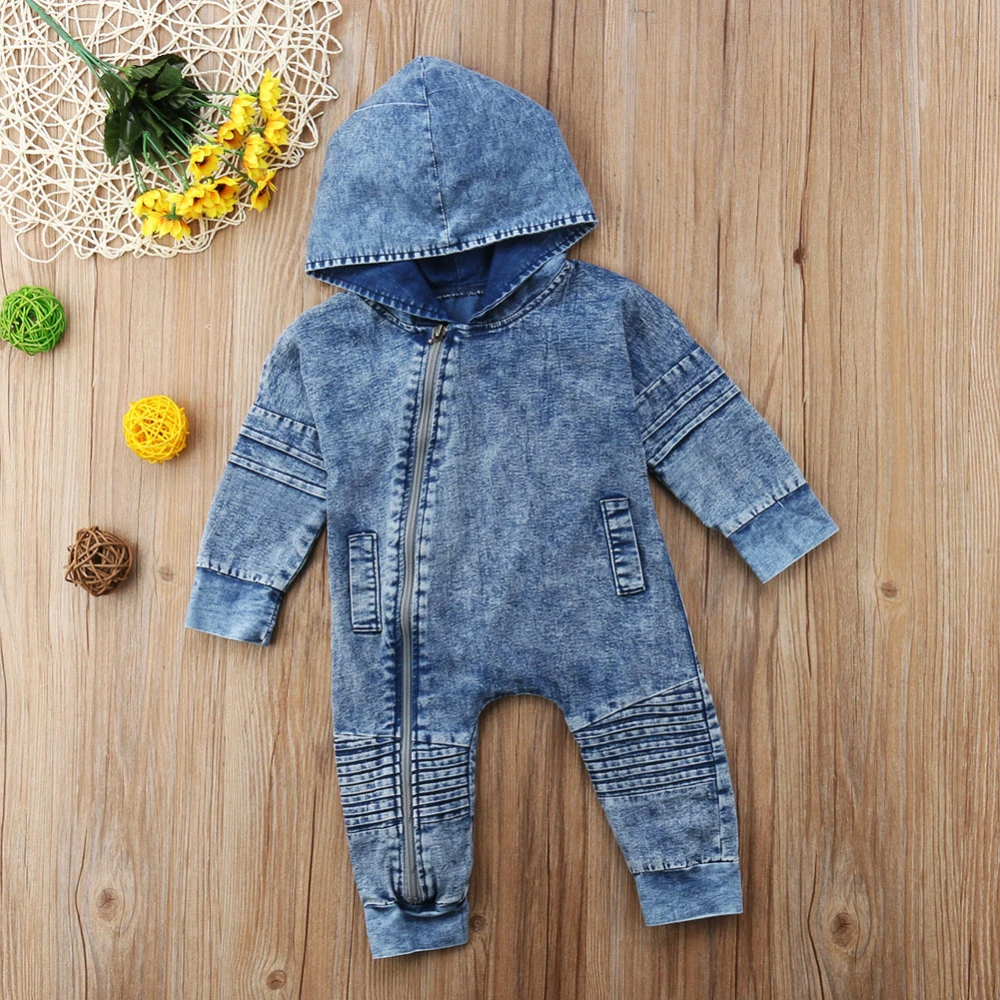 Newborn Baby Boy Girl Jumpsuit Denim Long Sleeve Zip Pleats Hooded Romper