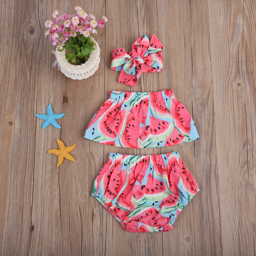 Girls 3 Pieces Outfit, Watermelon Print Tops + Shorts + Headband Set