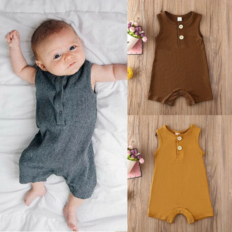 Toddler Summer Rompers, Solid Color Ribbed Sleeveless Button Open Jumpsuits