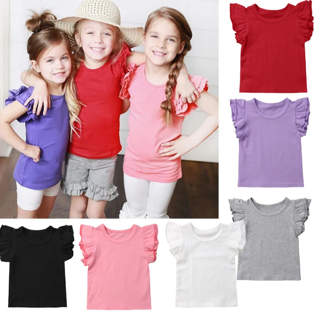 Baby Girl Fly Sleeve T-shirt Solid Color Summer Cute Casual Top