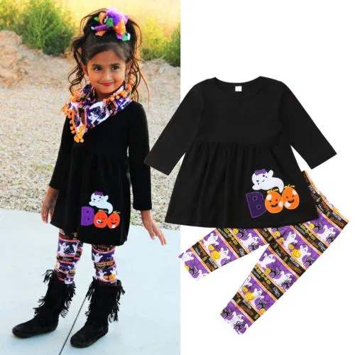 Girl's Halloween Embroidery Pattern T-shirt with Printed Long Pants