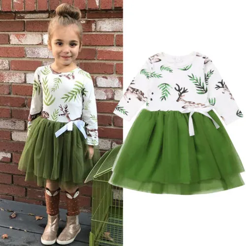 Girls Christmas Elk Dress Long Sleeve Patchwork Green Tulle Princess Tutu Skirt