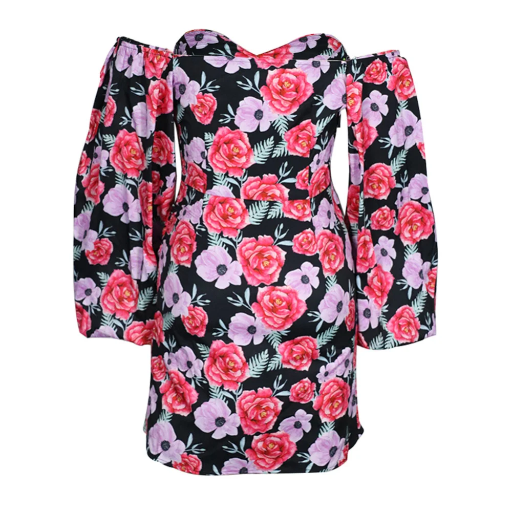 Women's Floral Printed Long Puff Sleeve Low Neck Slim Mini Dresses