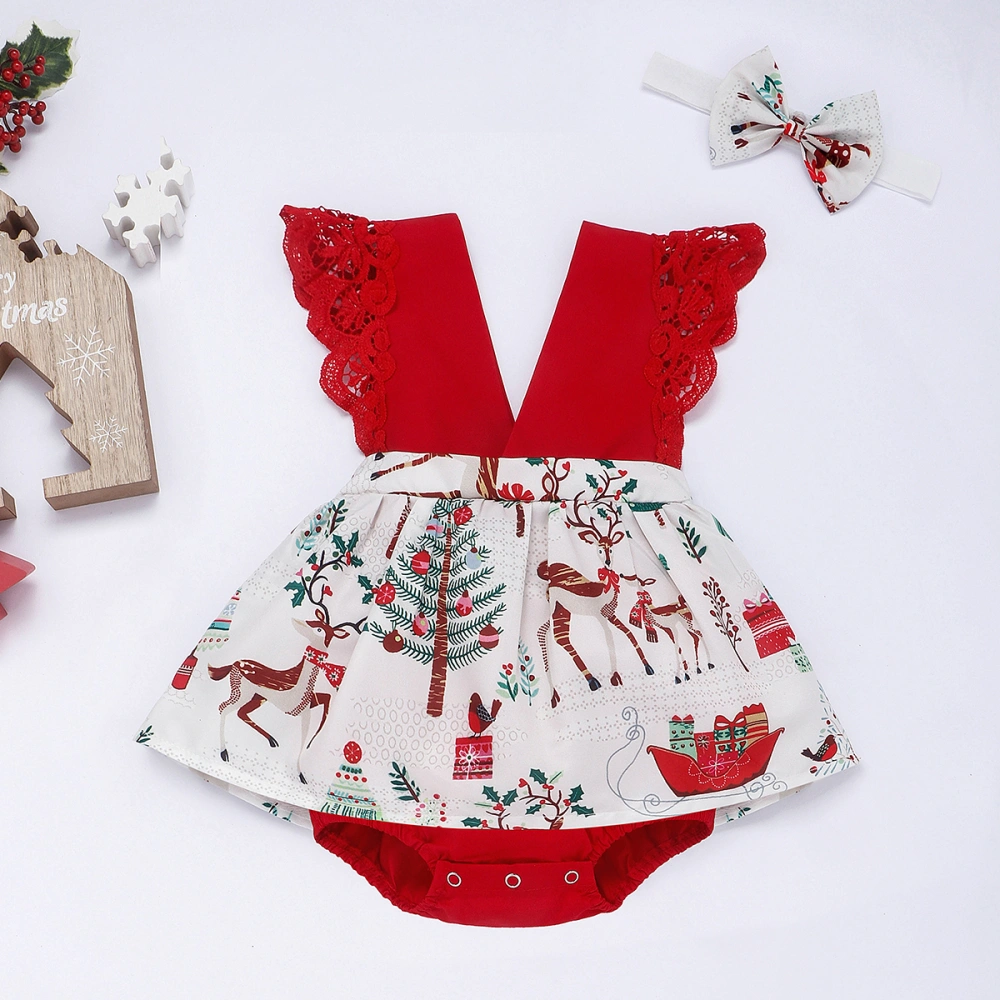 2 Pcs Girl's Christmas Suit, Lace V-neck Elk Print Romper Dress, Bow Headband