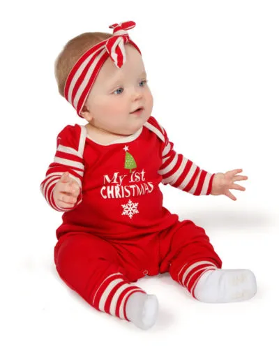 Baby Romper with Hair Band, Long Sleeve Christmas & Striped Printed Romper