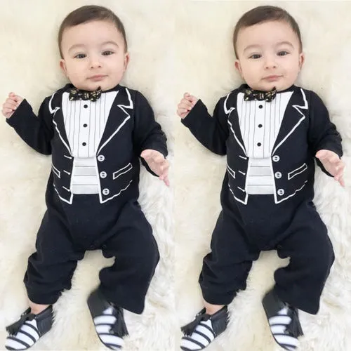 Boys Gentleman Romper, Long Sleeve Bowtie Jumpsuit, One-piece Bodysuit