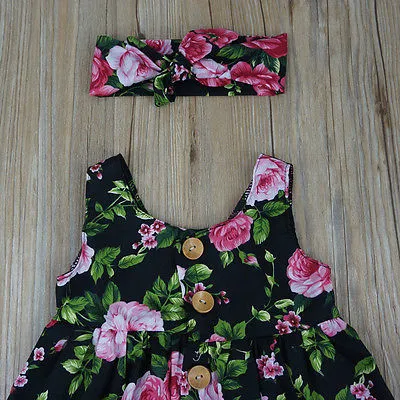 Girls Stylish Princess Skirt Flower Print Dress Lovely Headband Casual Suit