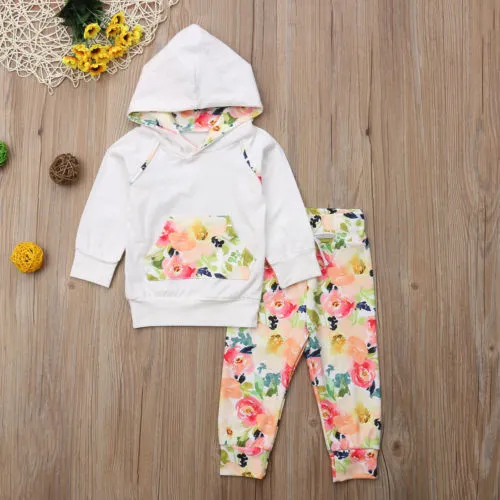 Baby's Floral Pocket Hooded Sweatshirt with Flower Print Long Pants