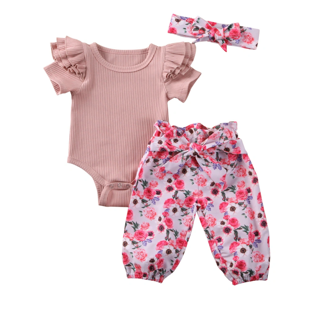 Toddler Summer Outfits, Solid Color Ruffle Romper + Floral Pants + Headband