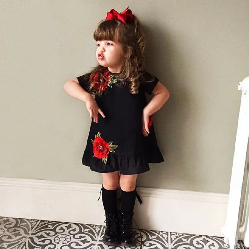 Baby Girl's Short Sleeve Dress Summer 3D Embroidery Flower Ruffles Dress