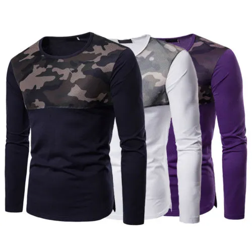 Men Slim Fit T-shirt, Long Sleeve Camouflage Shirt, Patchwork O-neck Tops