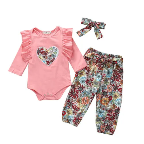 Baby Girl 3PCS Set, Long-sleeved Romper + Flower Trousers + Headband