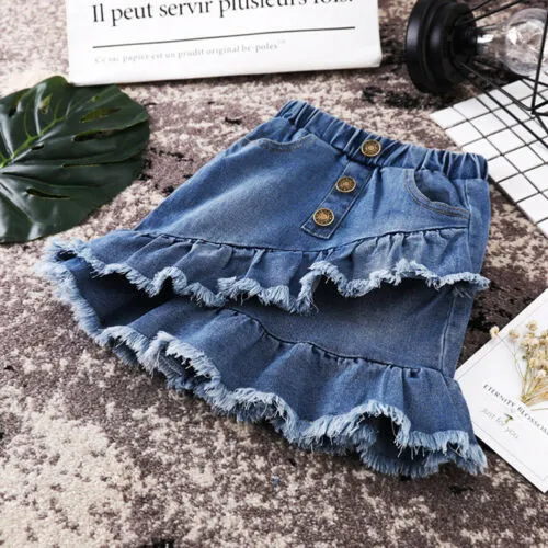 Girls A-line Pleated Skirts, Mini Ruffles Skirts, High Waist Denim Skirt
