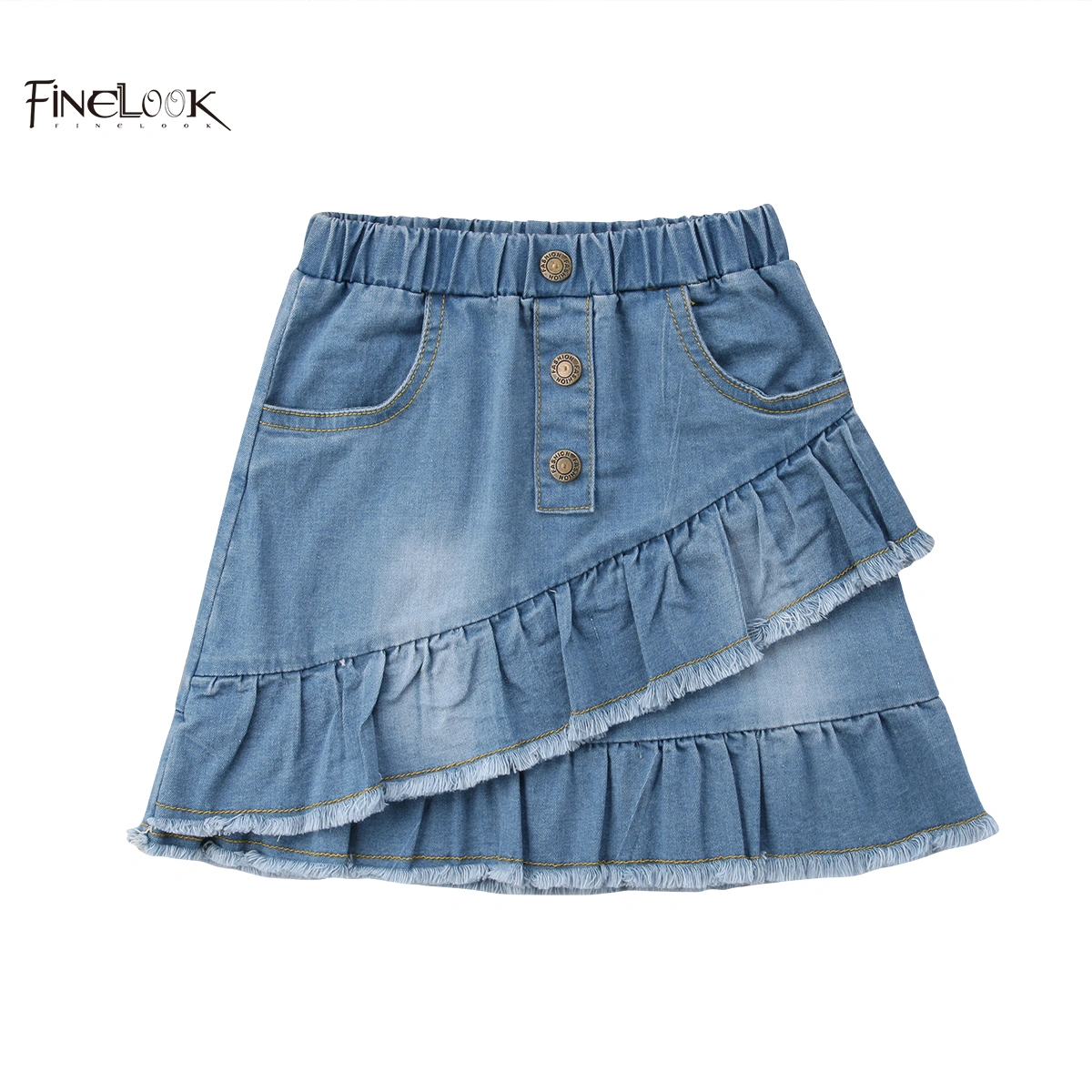 Girls A-line Pleated Skirts, Mini Ruffles Skirts, High Waist Denim Skirt