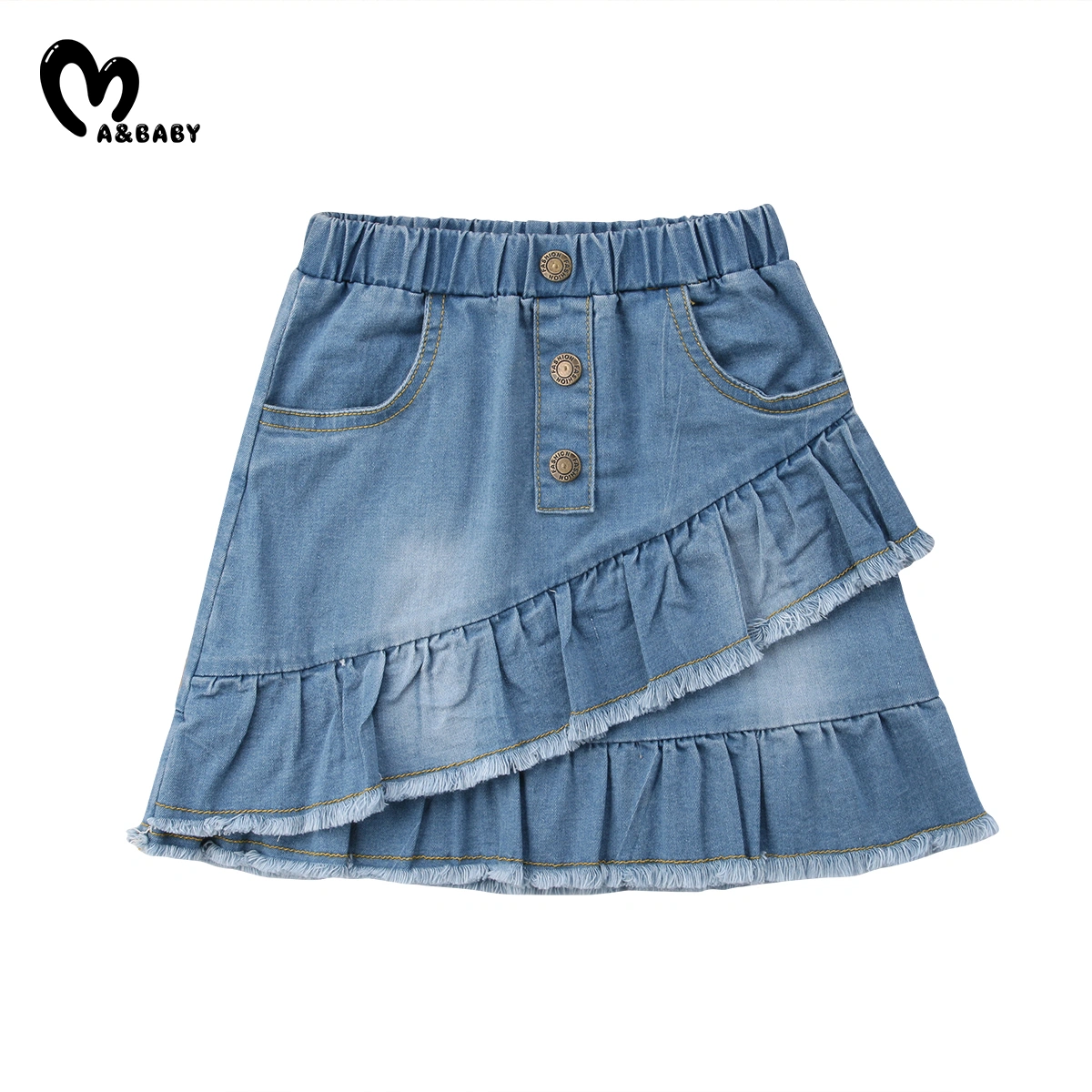 Girls A-line Pleated Skirts, Mini Ruffles Skirts, High Waist Denim Skirt