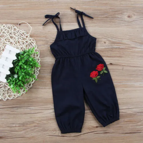 Baby Girls Summer Rompers Sleeveless Ruffle Flower Embroidery Jumpsuit