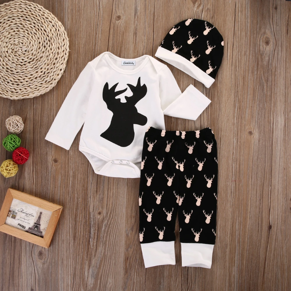 Baby Girls Boys White Long Sleeve Deer Print Romper + Deer Print Pants + Hat