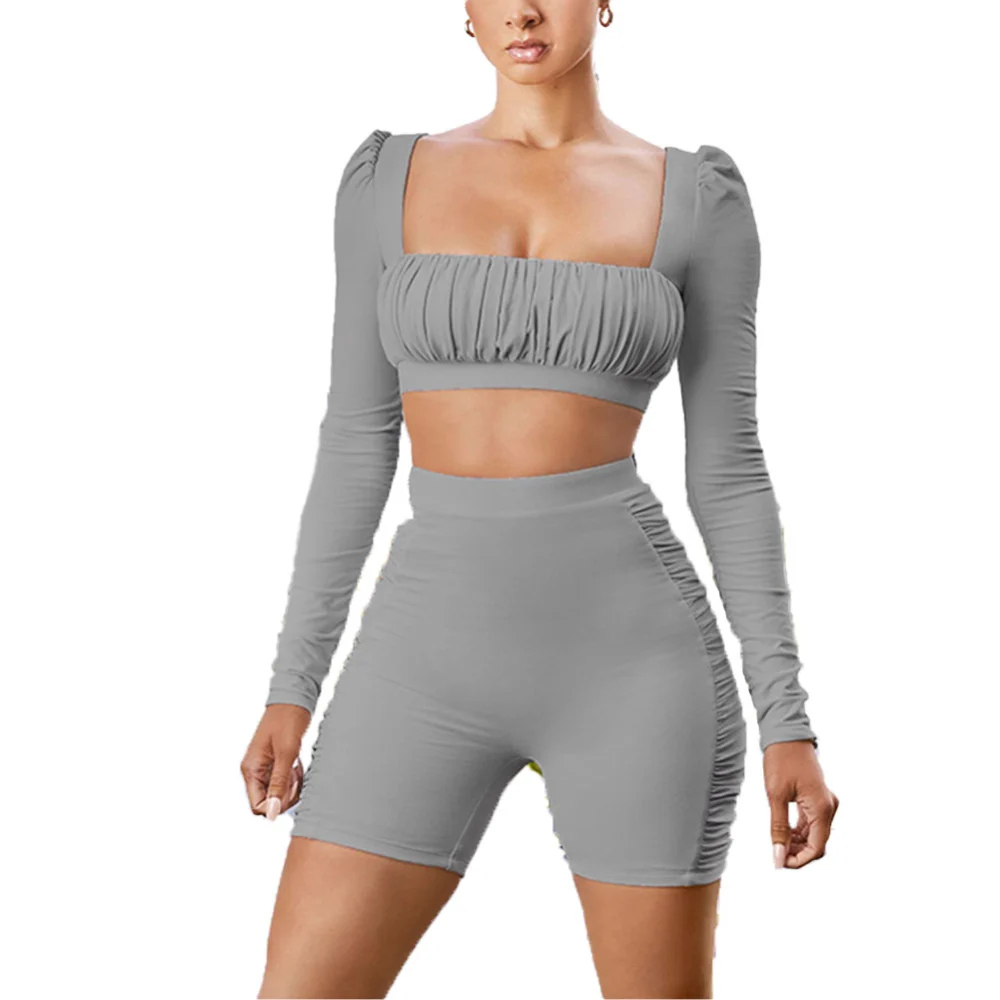 Women's Solid Color Sportswear Elastic Ruched Crop Tops Shorts Suit