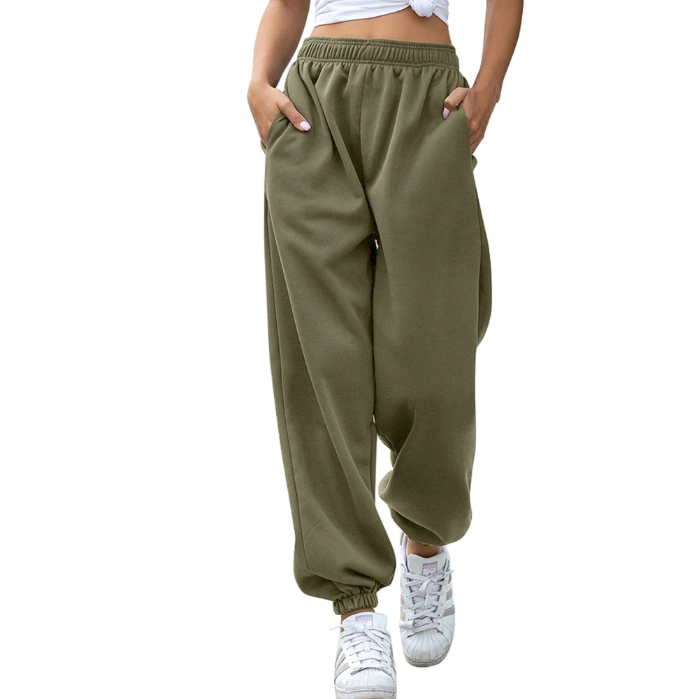 Women’s Solid Color Plush Long Pants, Elastic Waist Jogger Pants