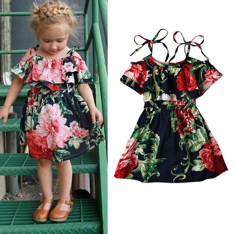 Girls Floral Print Dress, Short Sleeve Halter Dress, Ruffle A-line Dress