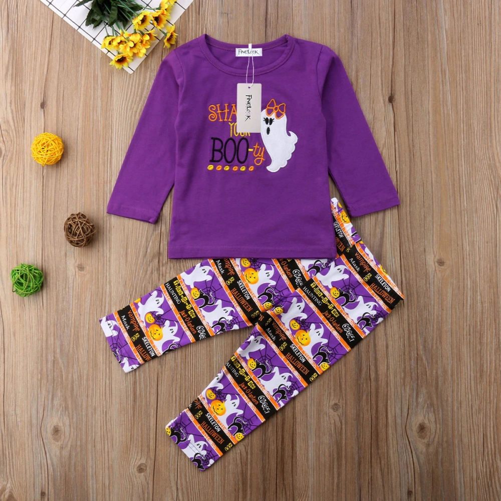 Kid's Long Sleeve Letter T-Shirt with Ghosts Pumpkin Print Long Pants