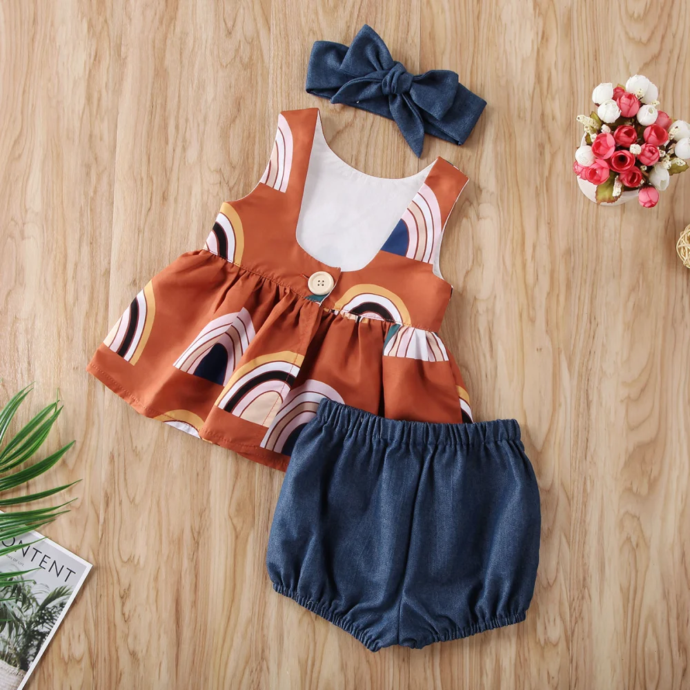 3 Pcs Kids Girl Short Pants Sets, Sleeveless Tops + Short Pants + Headband Suits