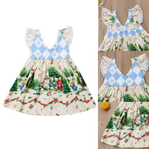 Toddler Baby Girls Dress Cartoon Animal Tree Rhombus Print Dress