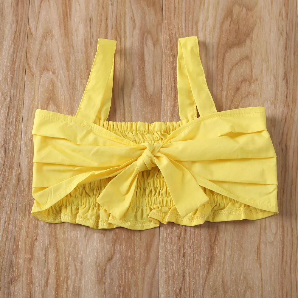 Girl 2 Pieces Outfit, Sling Vest Ruched Tops + Lemon Print Pants