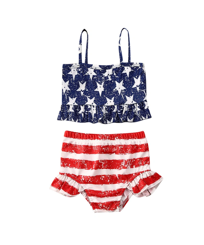 Baby Girl Flag Print 2 Pcs Swimwear Sleeveless Five-pointed Star Vest Shorts Set