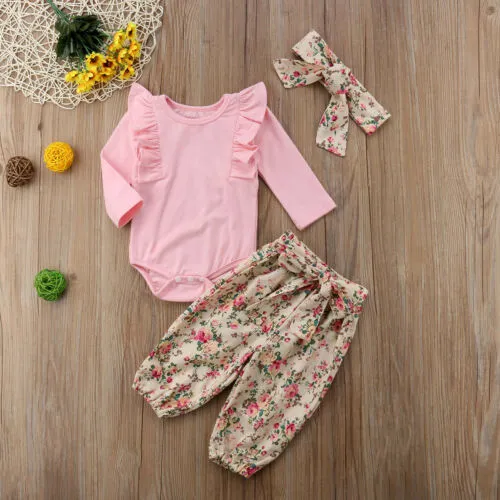 Baby Girl Long-sleeved Ruffled Romper + Floral Trousers + Hairband