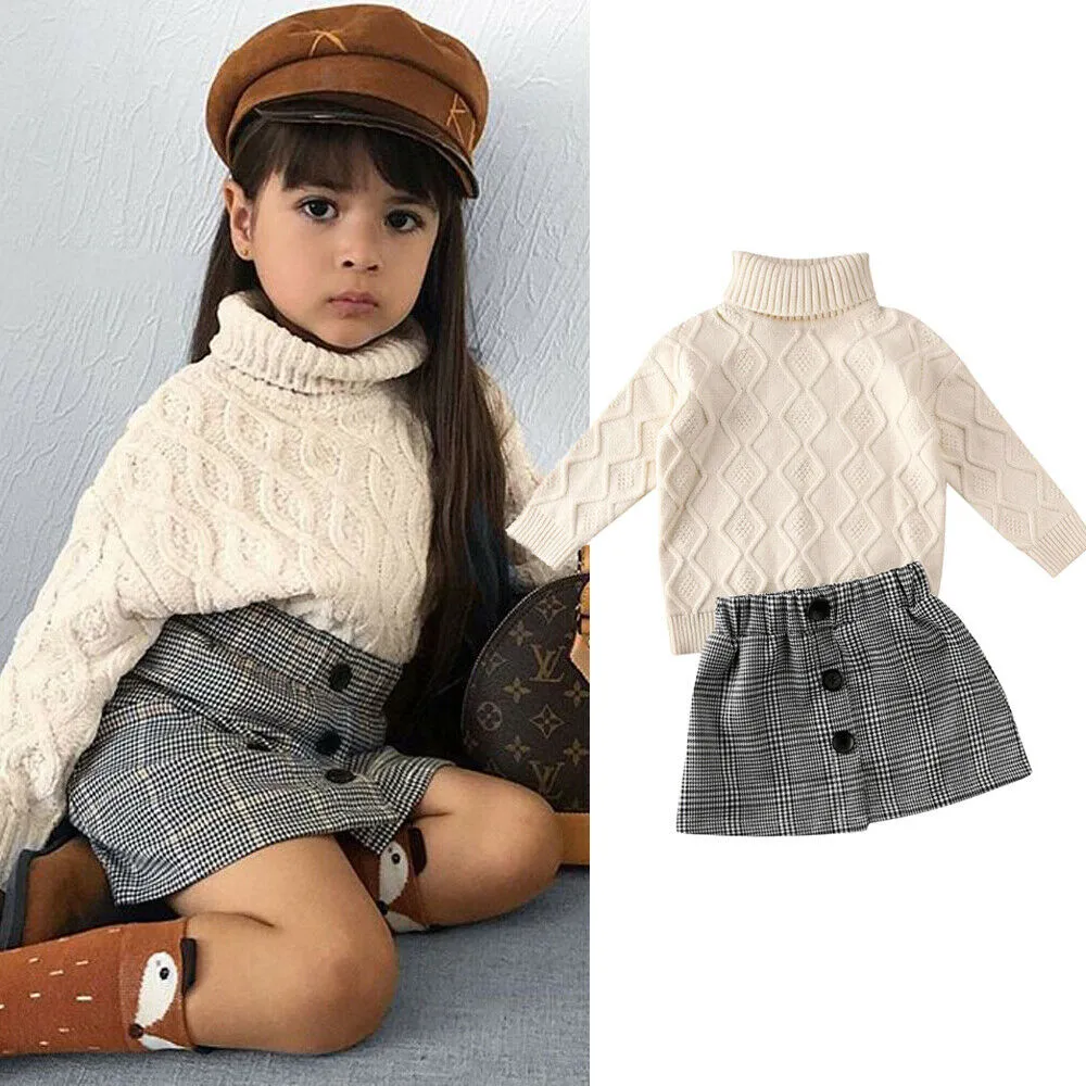 Kids Baby Girls Clothes Outfit, Turtleneck Sweater Top+Plaid Button Short Skirt