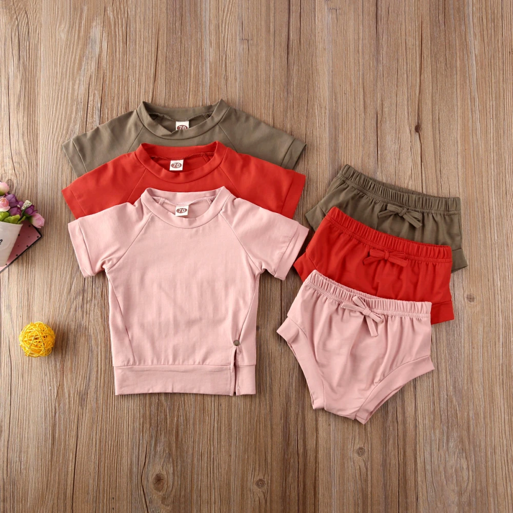 Newborn Baby Summer Clothes Set Short Sleeve O-neck Split T-shirt+Shorts