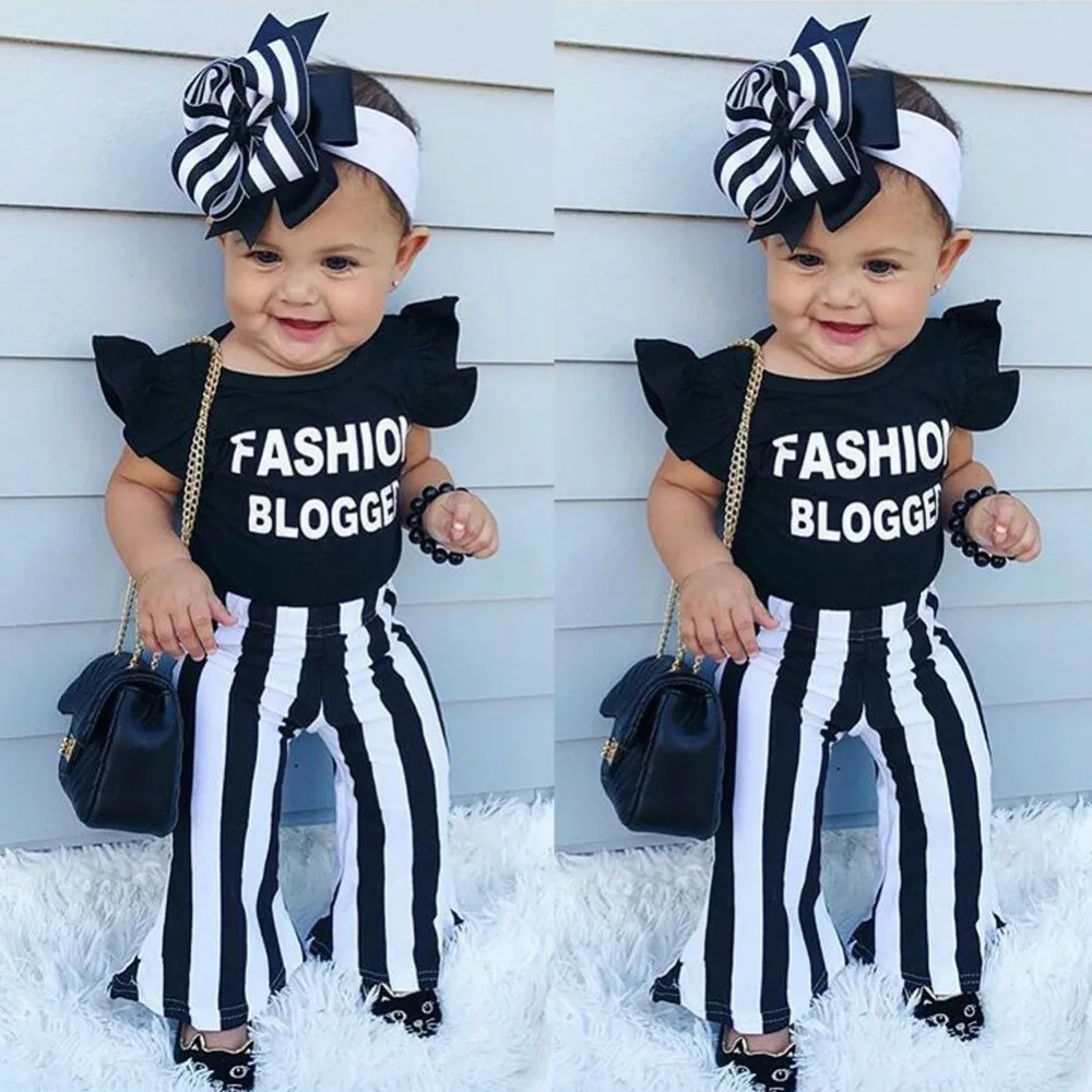 Baby Girls Summer Clothes Set Letter Print Tops+Stripe Bell Bottom Pants