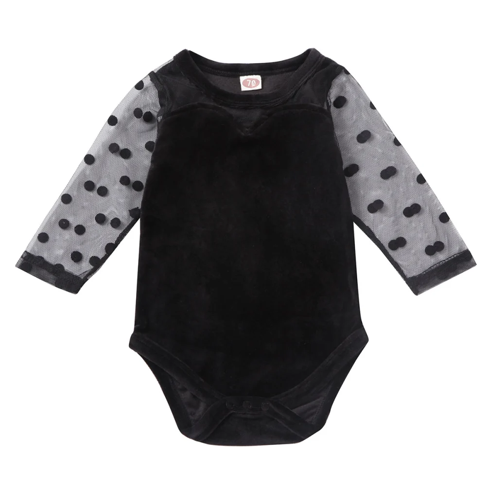 Baby Girls Long Sleeve Romper, Black Round Collar Velvet Solid Color One-piece