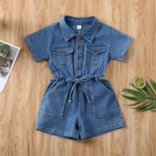 Girls Denim Rompers Short Sleeve Shirt Collar Elastic Waist Pocket Jumpsuit