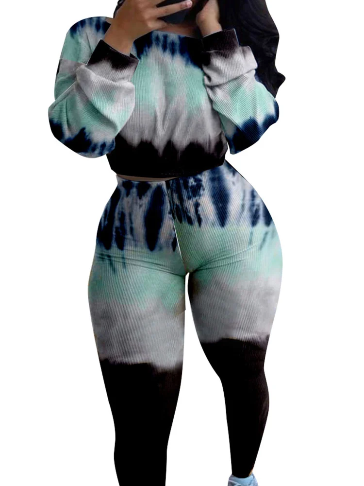 Women’s Tie-dye Printed Long-sleeved Top and High Waist Trousers