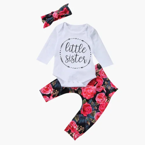 Children's Suit Stylish Round Neck One Piece Flower Print Trousers and Headband